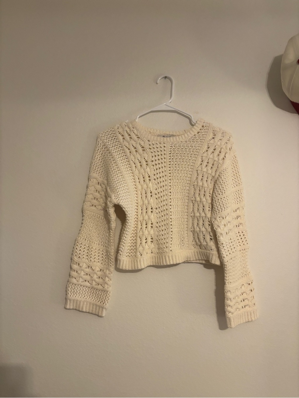 Madewell Cream Open-Knit Cropped Cable Crewneck Sweater